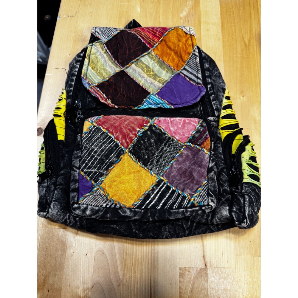 Boho Patchwork Backpack Acid Wash Denim Multi Color Hippie Festival Bag Womens